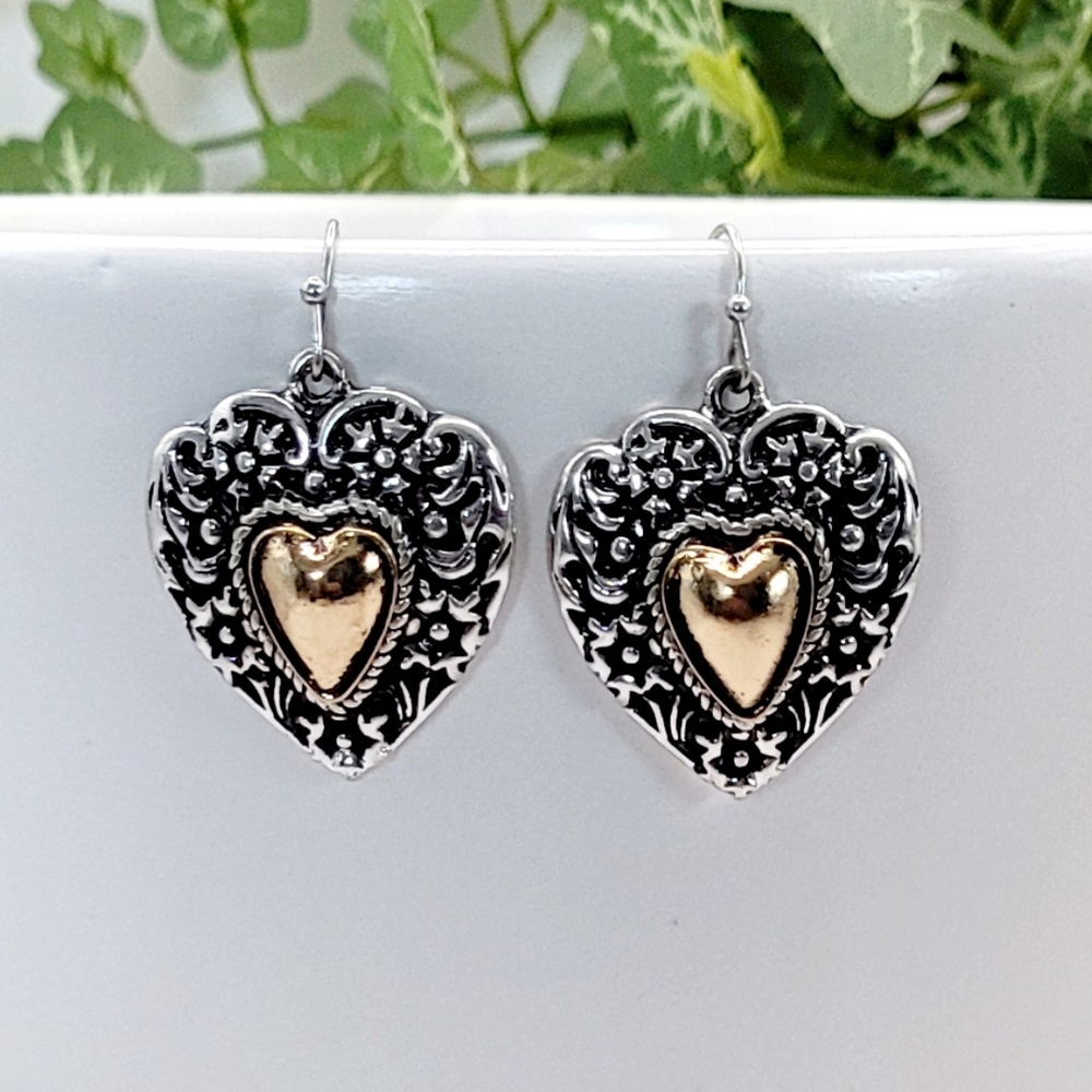 Two Tone Detailed Silver And Gold Heart Earrings New